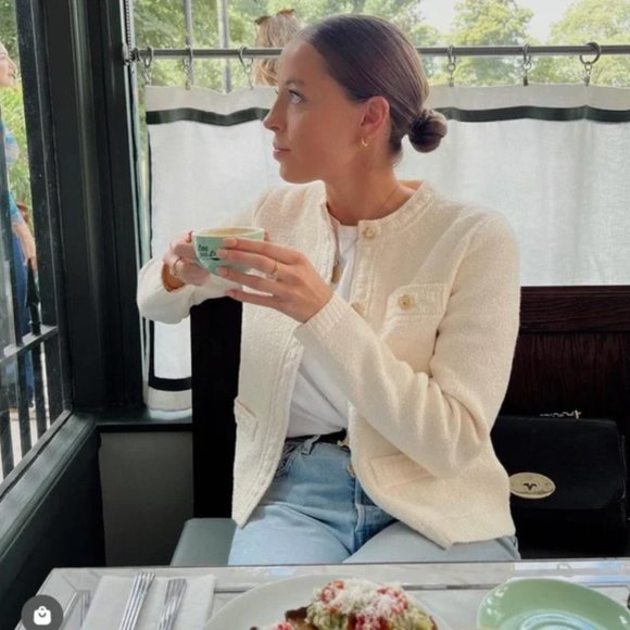 NEW Gold Button Tweed Textured Knit Sweater Cardigan Jacket - Cream Ivory - Picture 3 of 14